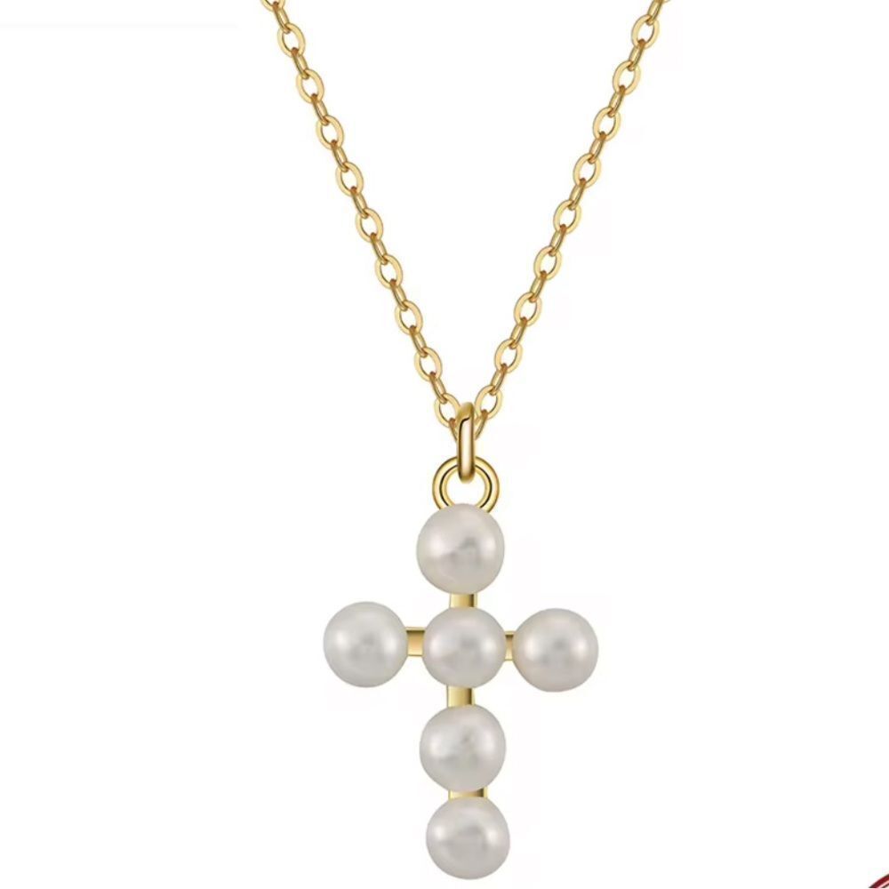 Genuine Cultured Pearl Cross in 14k over Sterling Silver Pendant Necklace